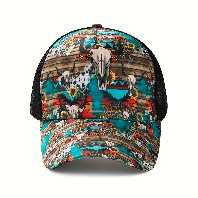 1pc Stylish Bull Head Floral Print Baseball Cap with Ponytail Hole Breathable Mesh Back Adjust
