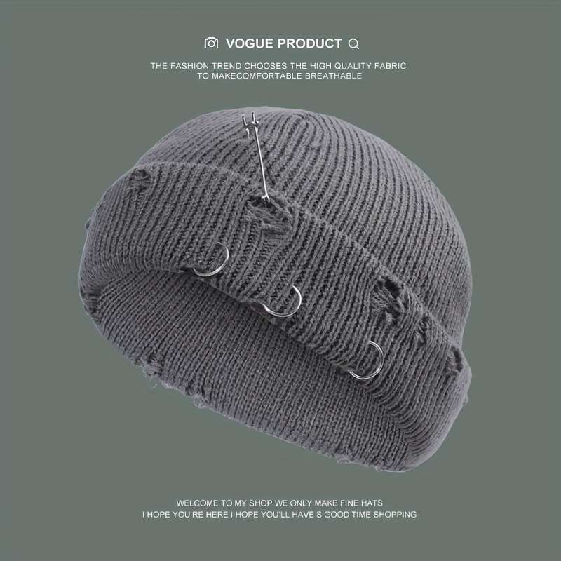 1pc Warm Cuffed Beanie Fisherman Hats Unisex Hip Hop Fisherman Beanie Trendy Ripped Pin Brooch Kn