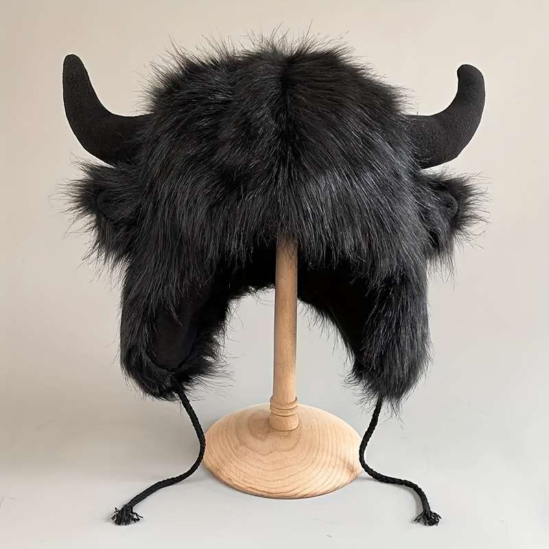 1pc Classic Fluffy Cow Hat With Horns Solid Color Ear Flap Hat Winter Warm Plush Hats Thick Coldpro