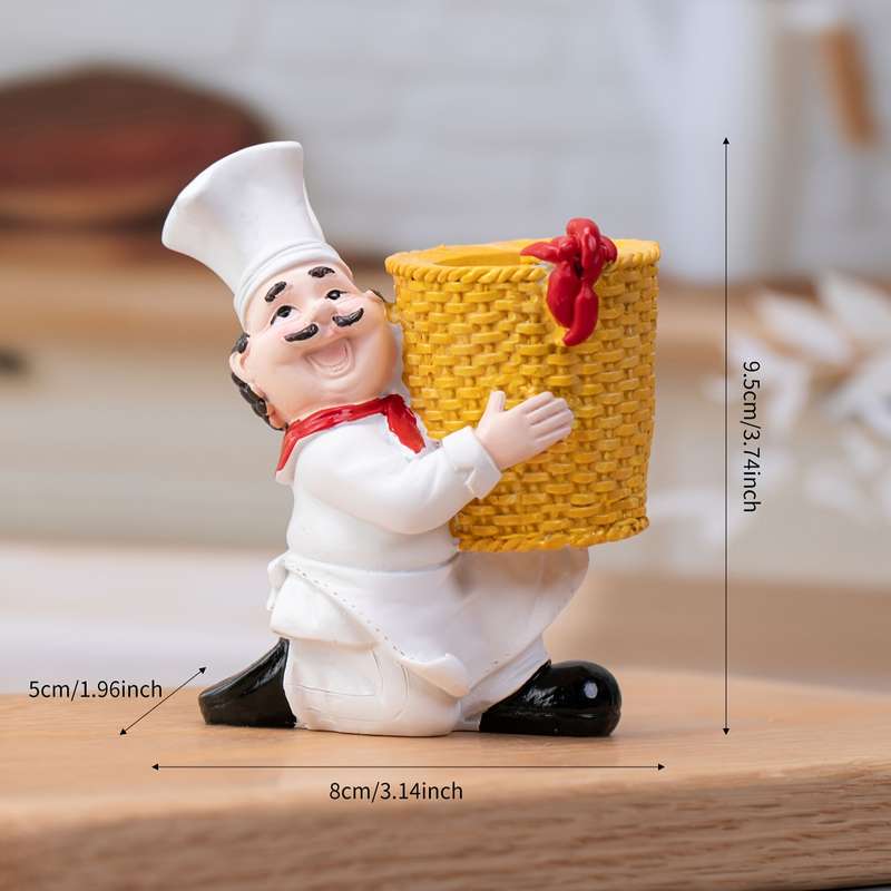 1pc Charming Chef Figurine Toothpick Holder Resin Crafted with Bamboo Basket Red Yellow Accent