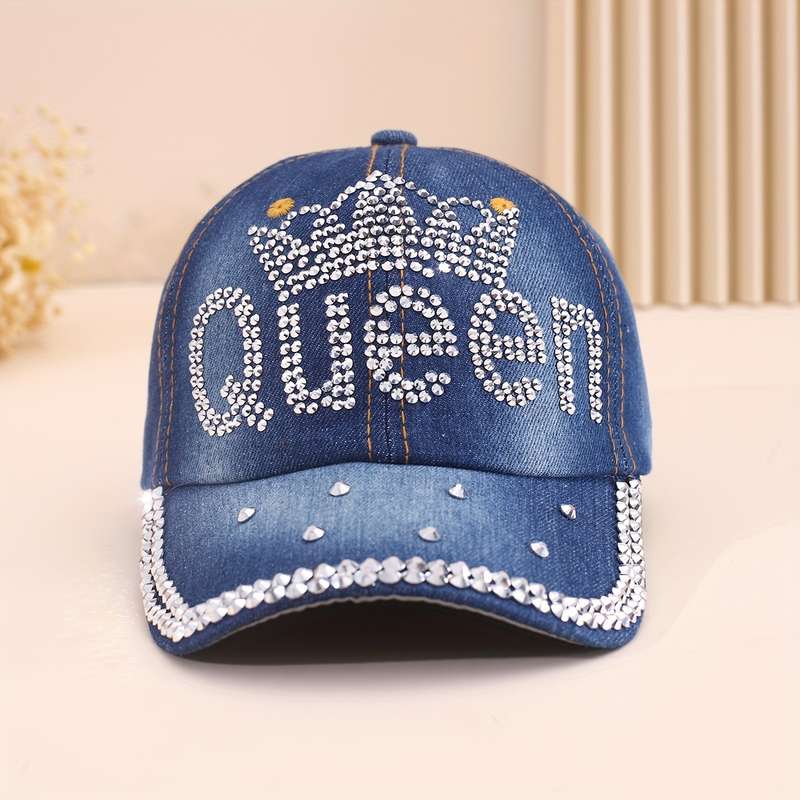 1pc Adjustable Women's Denim Baseball Cap with Sparkling QUEEN Rhinestone Crown Design Lightwei