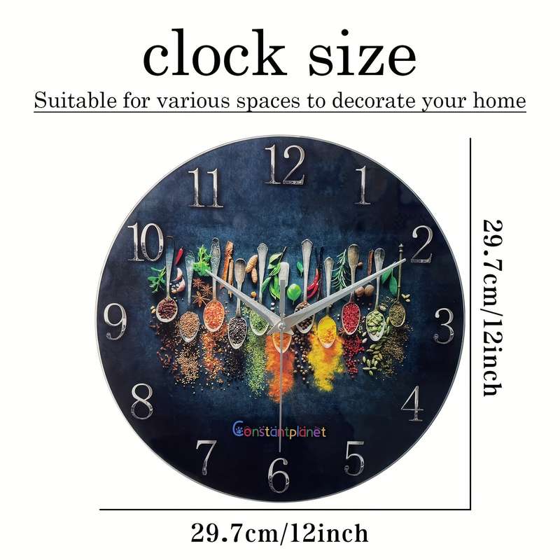 1pc Constantplanet 12-Inch Luxury Tempered Glass Wall Clock with Vibrant Condiment Design Silent