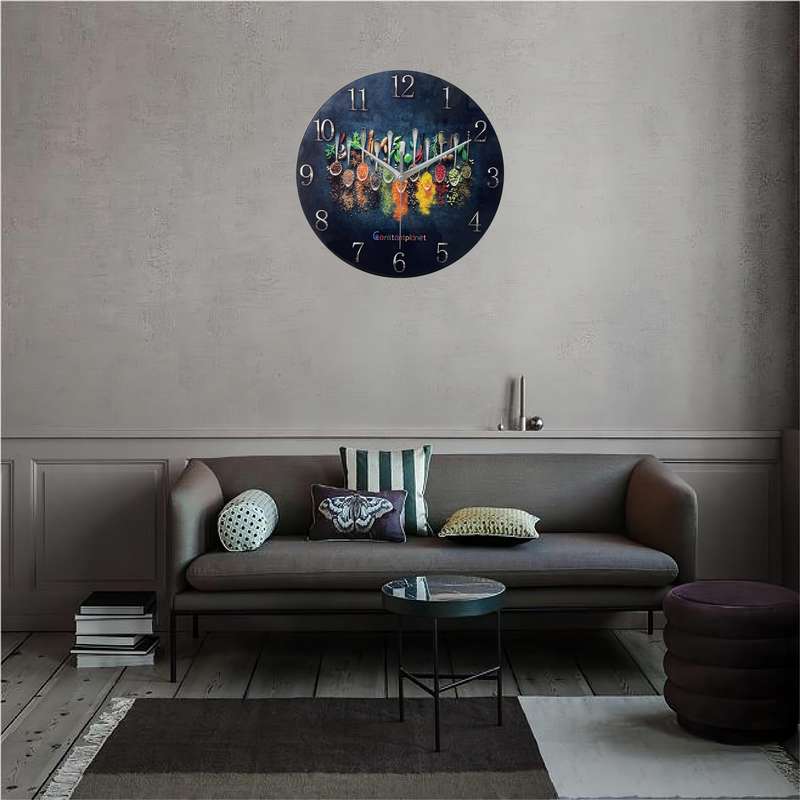 1pc Constantplanet 12-Inch Luxury Tempered Glass Wall Clock with Vibrant Condiment Design Silent