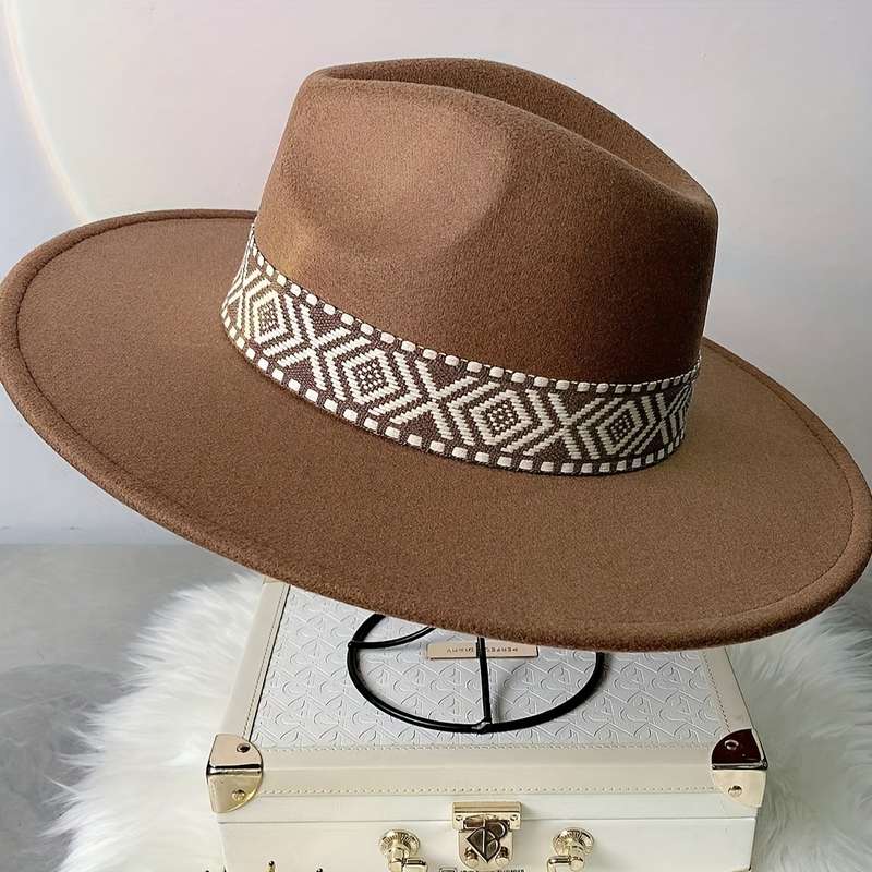 1pc Adjustable Flat Brim Fedora Hat with Geometric Pattern Band Chic Beige Fleece-Blend Ideal fo