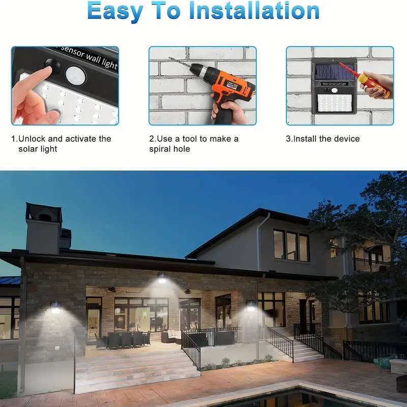 40 LED Solar-Powered Wall Light - Easy Install, Wireless Security Lighting with Motion Sensor, 3 Mod