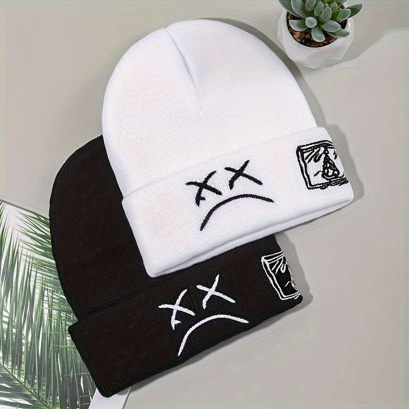 1pc Sad Face Embroidery Graphic Beanie Trendy Black White Knit Hats Casual Skull Cap Hip Hop Cuff