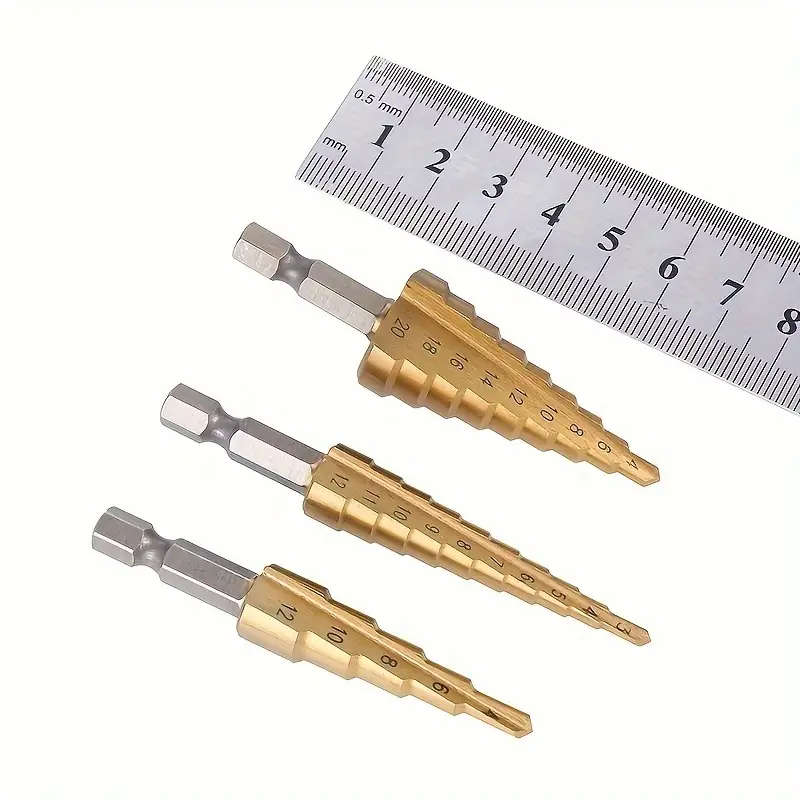 3pcs Titanium-Coated HSS Step Drill Bit Set Upgrade Your Drilling Power Perfect For Wood Metal
