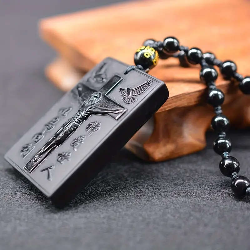 Unisex Obsidian Cross Pendant Necklace