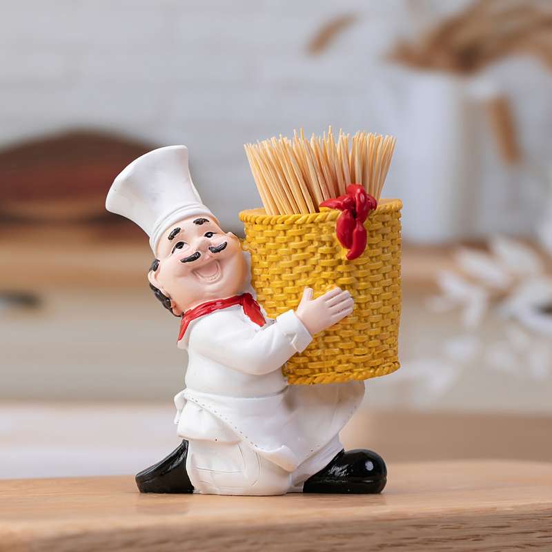 1pc Charming Chef Figurine Toothpick Holder Resin Crafted with Bamboo Basket Red Yellow Accent