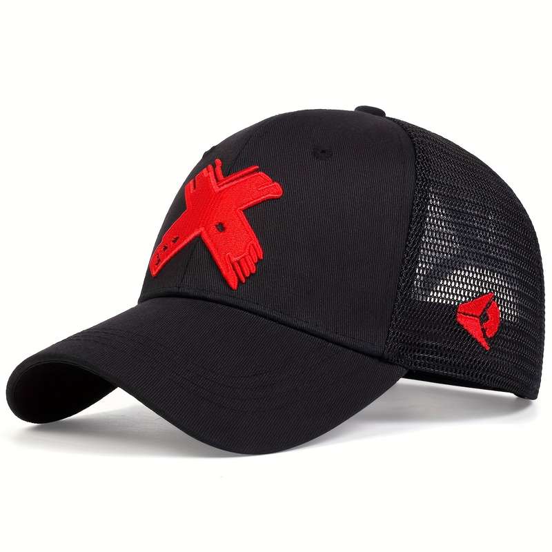 1pc Adjustable Women's Black Trucker Hat with Red Geometric Embroidery Breathable Mesh Back Sun-