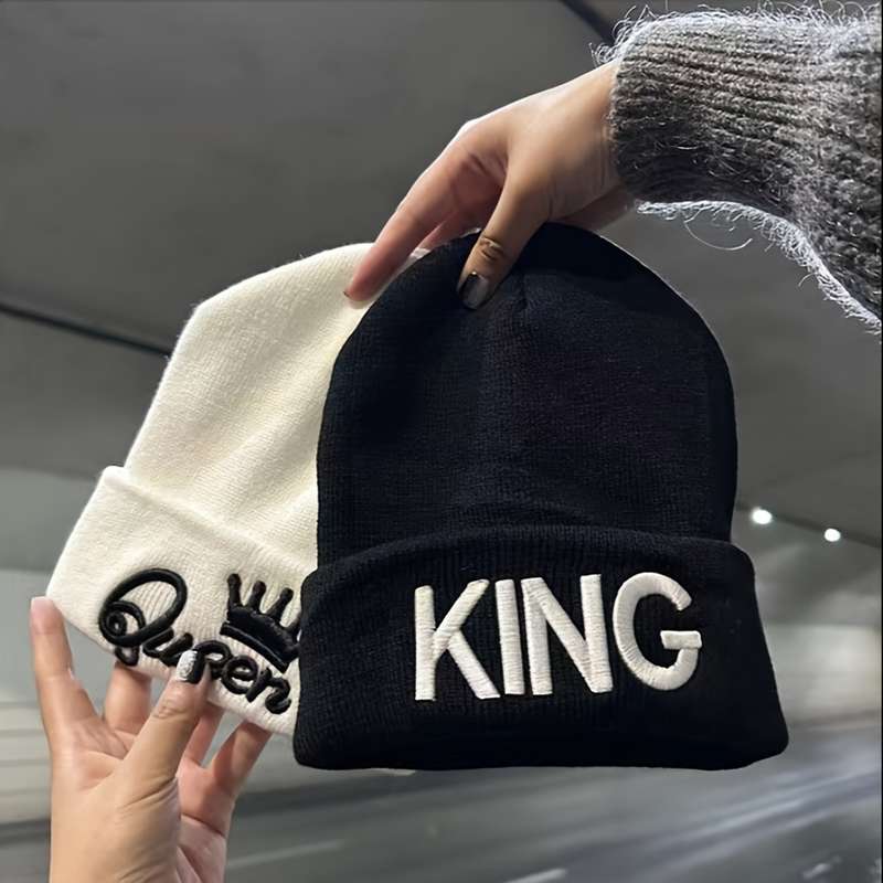 1pc 1pcMS Show Men's Fashion Knitted Hat KING&QUEEN Embroidered Hat Ideal choice for Gifts
