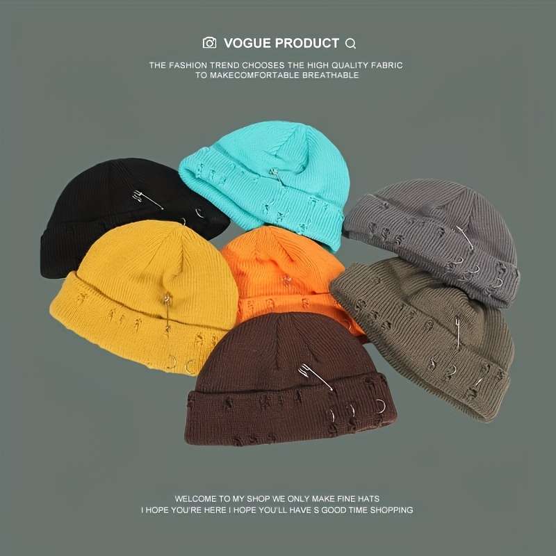 1pc Warm Cuffed Beanie Fisherman Hats Unisex Hip Hop Fisherman Beanie Trendy Ripped Pin Brooch Kn