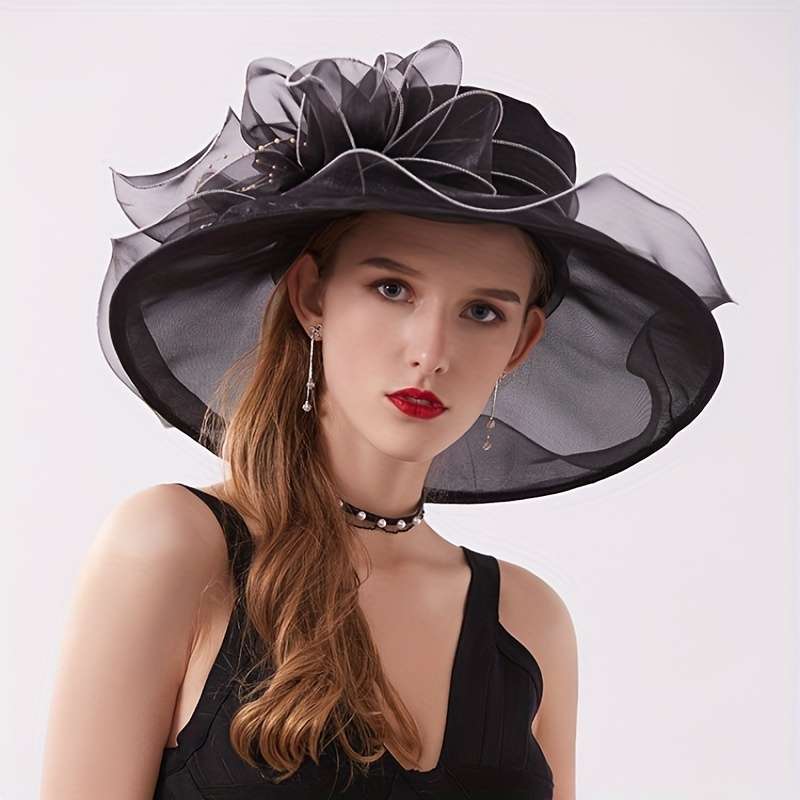 1pc Event Headwear Elegant Black Organza Sun Hat for Women with Vintage Floral Design Breathabl