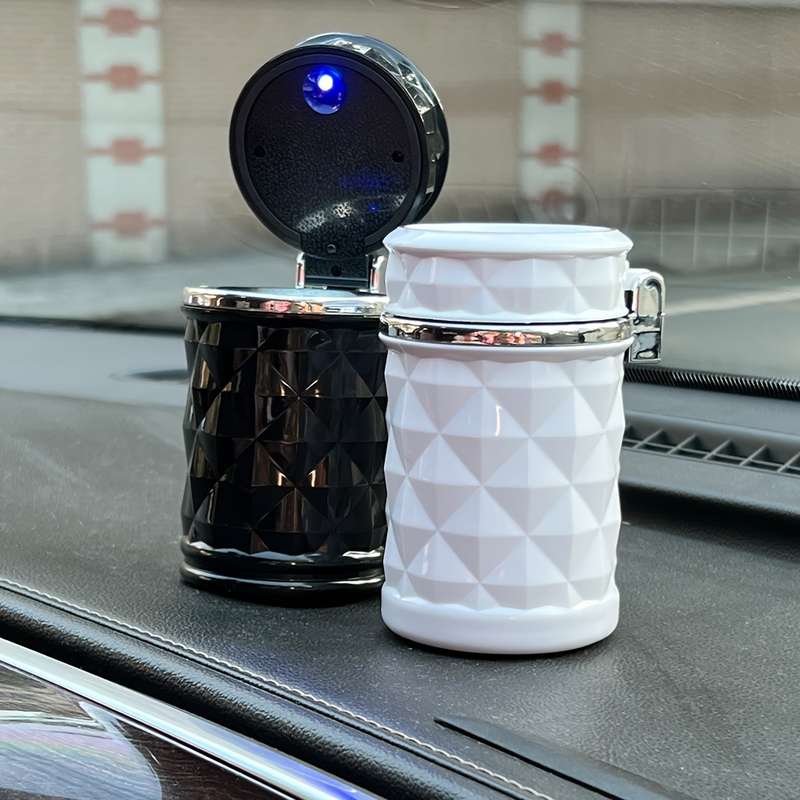 1pc Portable Alloy Car Ashtray with LED Light Black and White Durable PVC Sealed Design for Veh