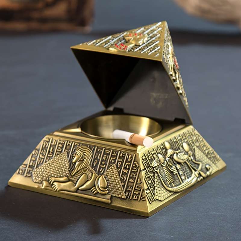 1pc Vintage Egyptian Pharaoh Metal Pyramid Ashtray Triangular Hieroglyphic Design with Lion
