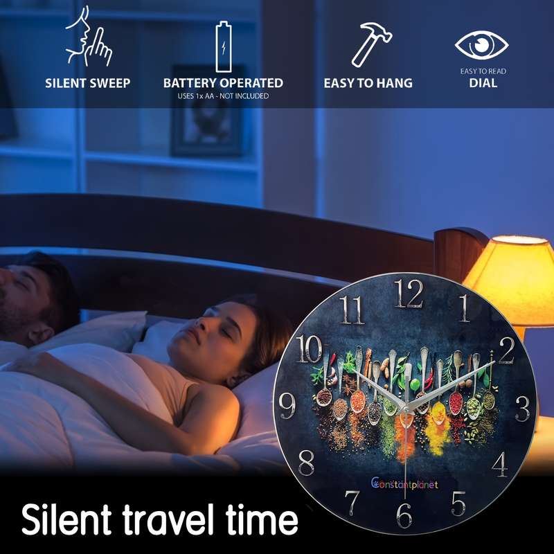 1pc Constantplanet 12-Inch Luxury Tempered Glass Wall Clock with Vibrant Condiment Design Silent