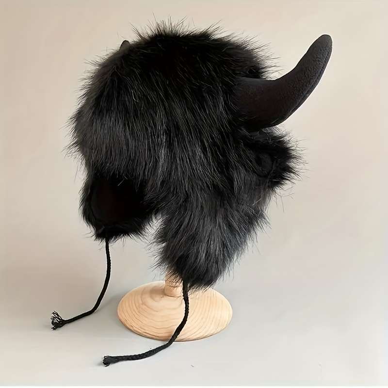 1pc Classic Fluffy Cow Hat With Horns Solid Color Ear Flap Hat Winter Warm Plush Hats Thick Coldpro