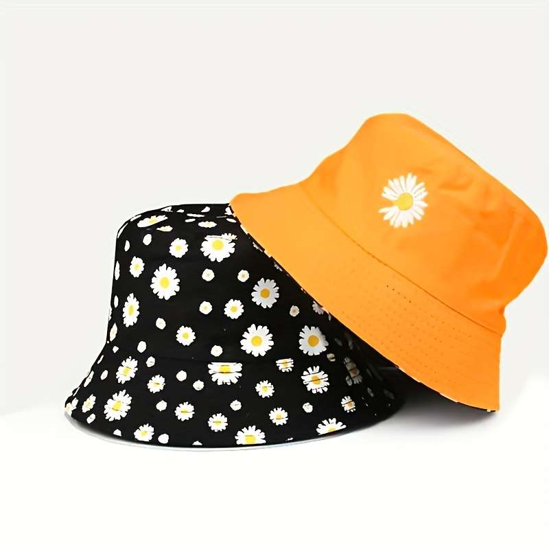 1pc Daisy Graphic Reversible Bucket Hat Black Trendy Breathable Basin Hats Lightweight Sunscreen Fi