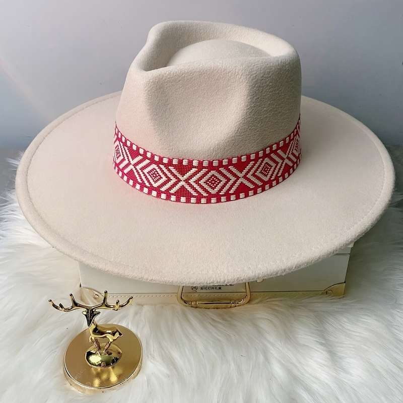 1pc Adjustable Flat Brim Fedora Hat with Geometric Pattern Band Chic Beige Fleece-Blend Ideal fo