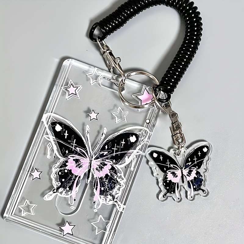 1pc Y2K-Inspired Butterfly Design Transparent ID Card Holder with Keychain Durable Plastic Anti-