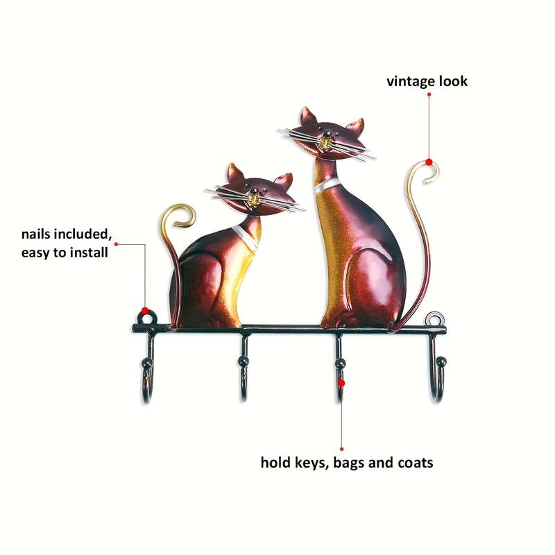 1pc Wall Cat Key Storage Hook Rack With 4 Hooks Iron Art Painting Decorative Hooks For Bags Clothe