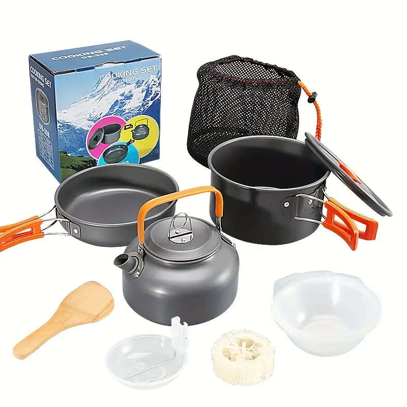 Outdoor Portable 2-3 Person Camping Pot Set Picnic Cookware Non Stick Pot Teapot And Tableware
