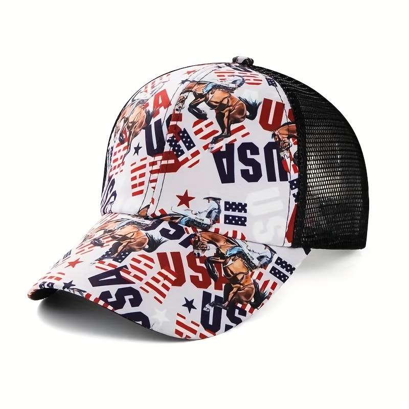 1pc Stylish Bull Head Floral Print Baseball Cap with Ponytail Hole Breathable Mesh Back Adjust