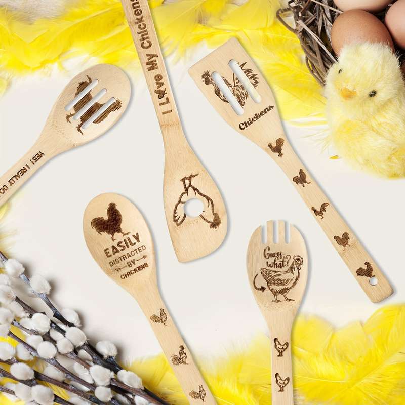 5pcs set Rooster Chicken Bamboo Kitchen Utensils Set Kitchen Burned Decorative Wooden Cooking