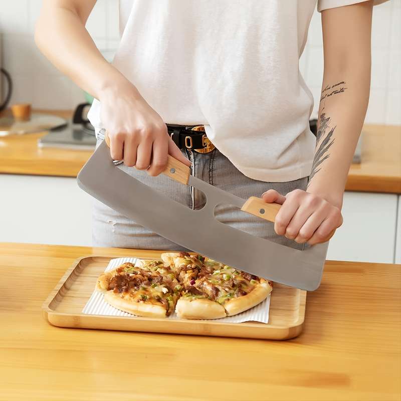 1pc 14-Inch Stainless Steel Pizza Cutter with Wooden Handle and Protective Sheath Sharp Kitchen T