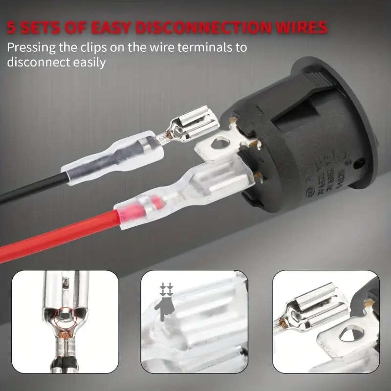 5pcs Black Round 2-Pin Rocker Switches SPST with Rewirable Cords Without Battery