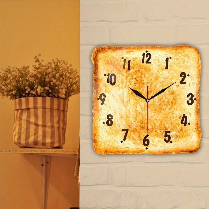 1pc Plastic Wall Clock Baked Bread Design Wall Clock Butter Toast Wall Clock Silent Clock F