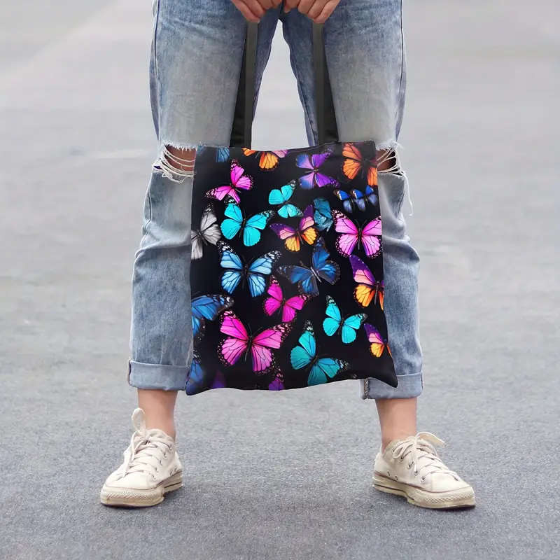 1pc Chic Butterfly Print Canvas Tote Bag Large Capacity Durable Washable Shoulder Bag for Women Perf