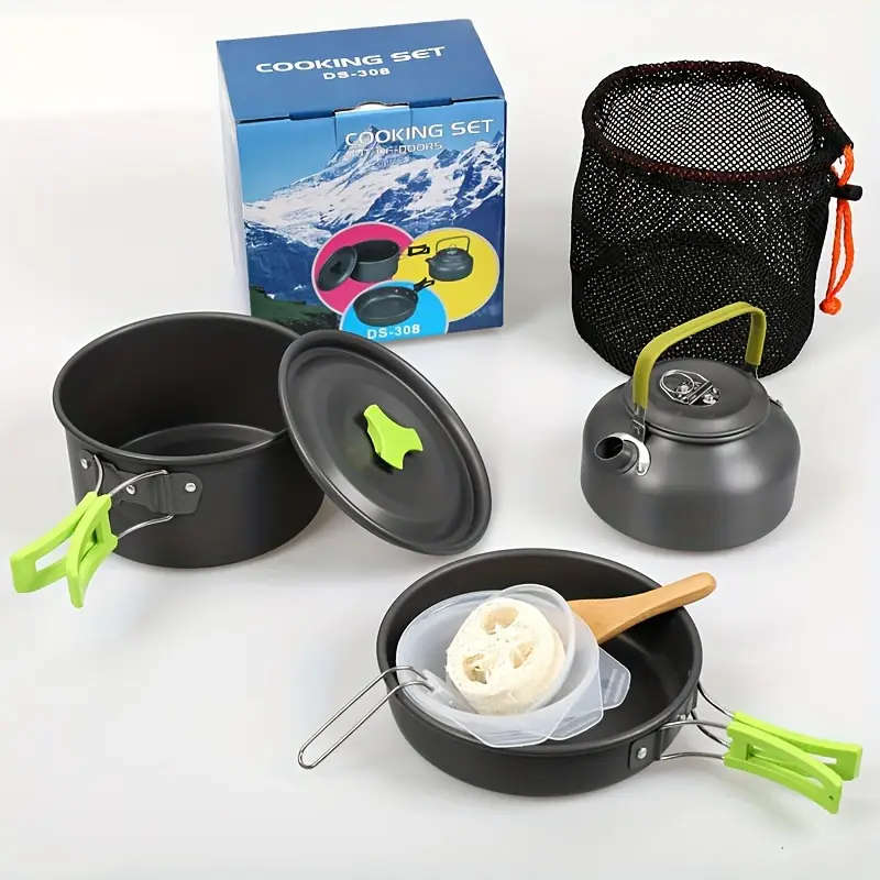Outdoor Portable 2-3 Person Camping Pot Set Picnic Cookware Non Stick Pot Teapot And Tableware
