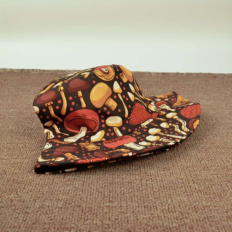 1pc Mushroom Print Bucket Hat Lightweight Breathable Polyester Fisherman Cap for Outdoor Adventu