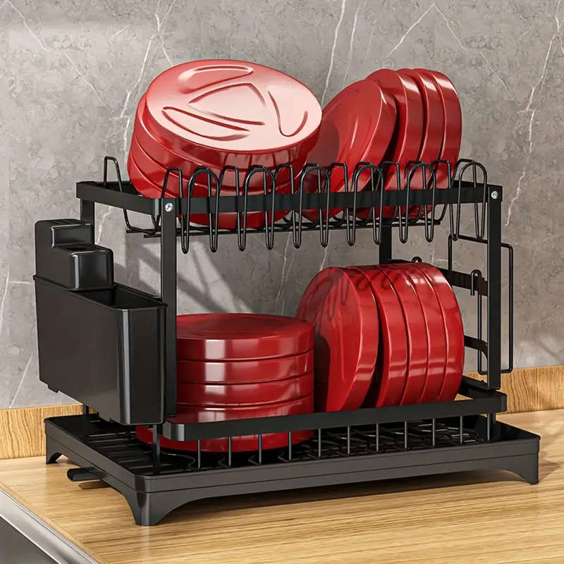 1pc Large Capacity 2-Tier Dish Drying Rack with Drainboard, Double-Layer Bowl & Cup Rack, Detachable