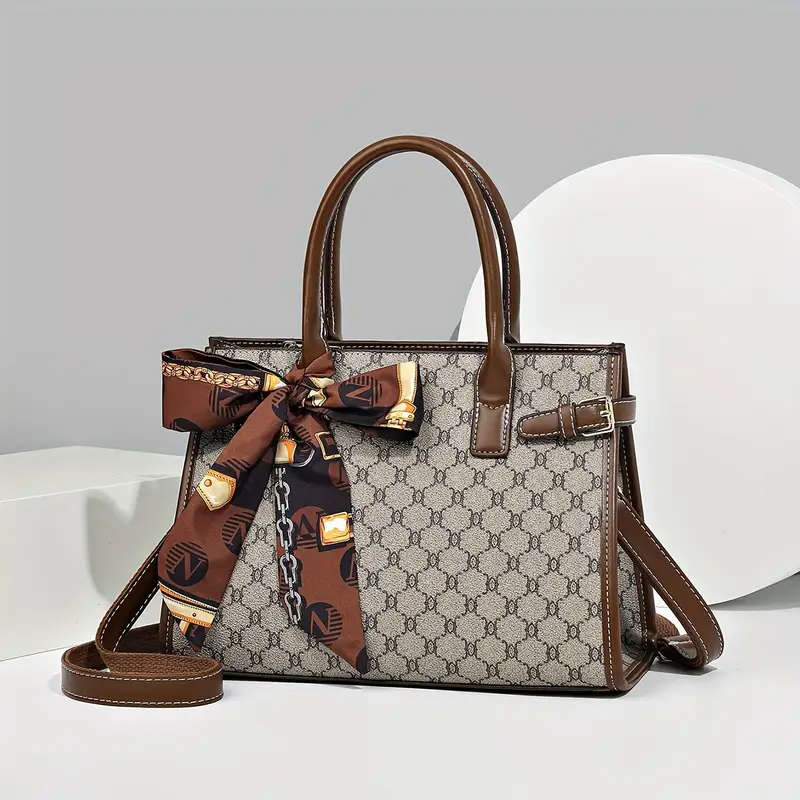 3 Pcs Classic Elegant Bag Set Retro Geometric Pattern Tote Bag With Scarf Decor Buckle Decor Square