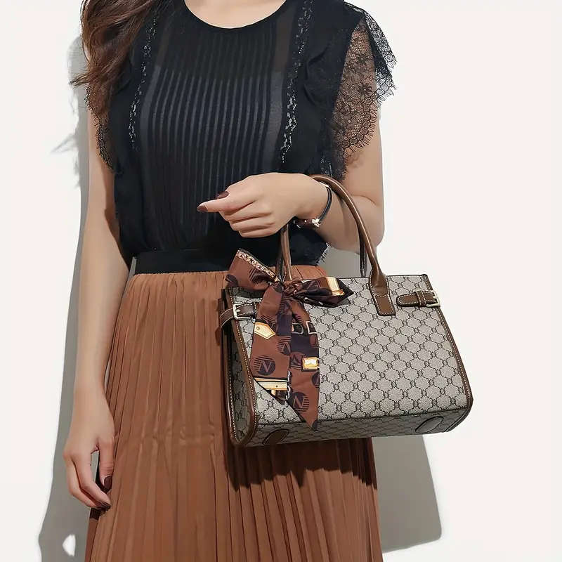3 Pcs Classic Elegant Bag Set Retro Geometric Pattern Tote Bag With Scarf Decor Buckle Decor Square