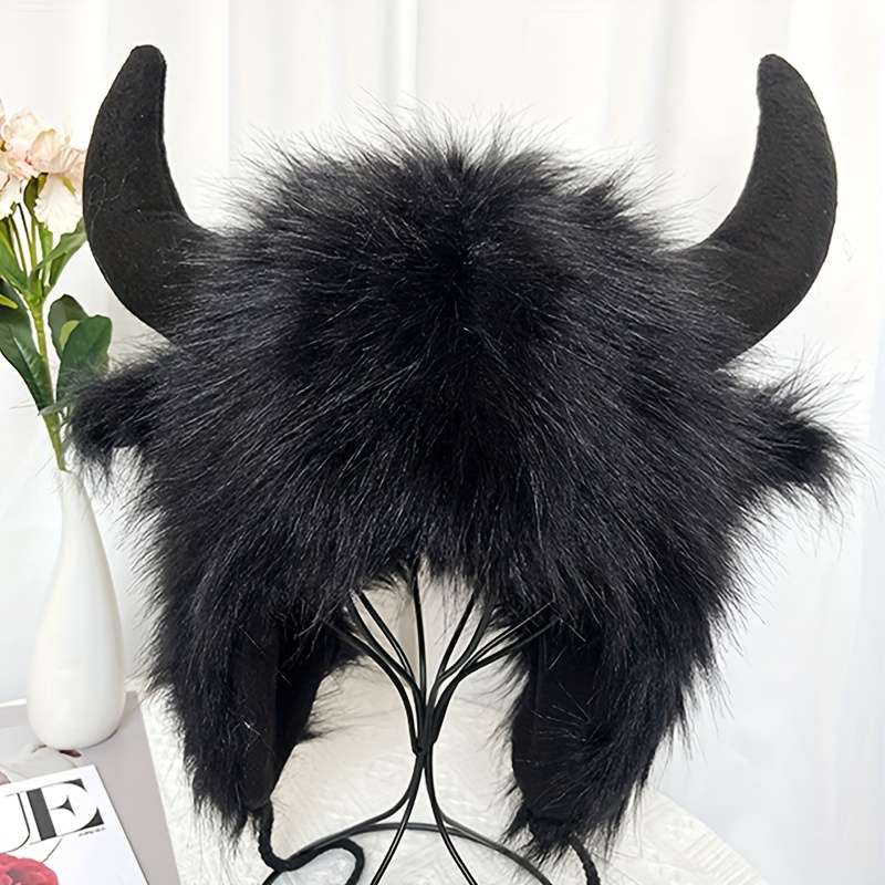 1pc Classic Fluffy Cow Hat With Horns Solid Color Ear Flap Hat Winter Warm Plush Hats Thick Coldpro