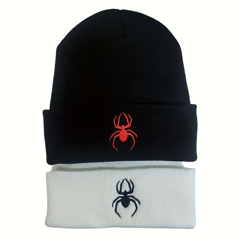 1pc Spider Embroidery Graphic Beanie Solid Color Casual Knit Hats Unisex Cuffed Beanie Hip Hop Skul