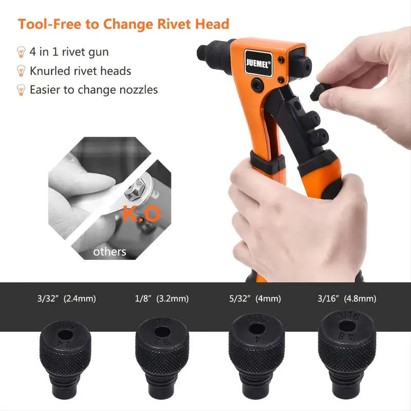 Rivet Gun with 80pcs Rivets Manual Rivet Gun Kit with 4 Changeable Rivet Heads Heavy Duty