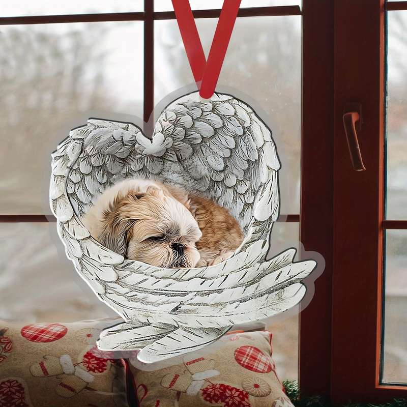1pc 2D Flat   Acrylic Shih Tzu Shitzu Sleeping Angel Wing Animal Pet Dog Farmhouse Car Ornament