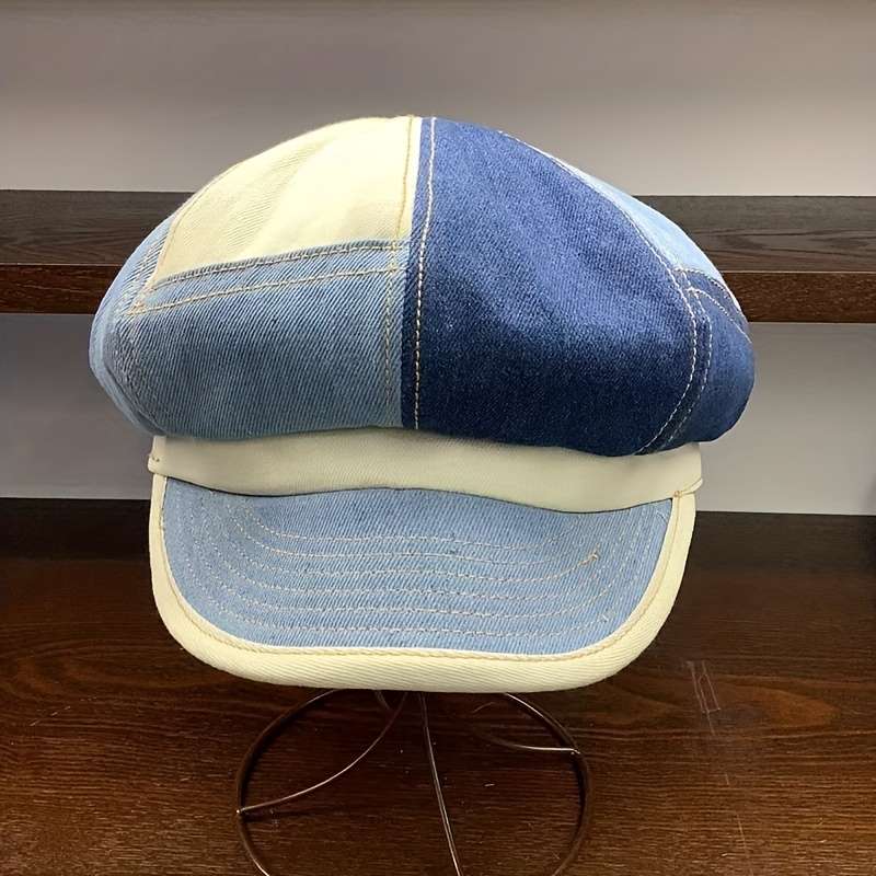 1pc Blue Denim Patchwork Newsboy Hat Classic 8 Panels Newsboy Cap Cabbie Hats Unisex Octagonal Cap