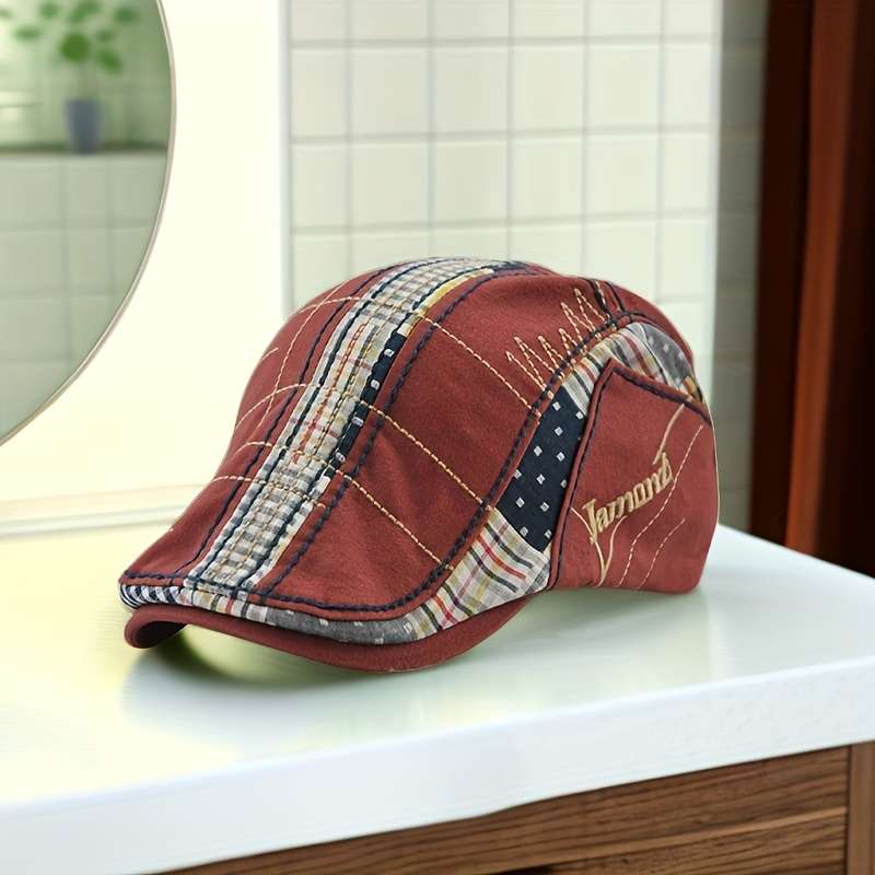 1pc Casual Plaid Stitching Irregular Embroidery Beret For Outdoor Sunshade Hat Christmas Gift