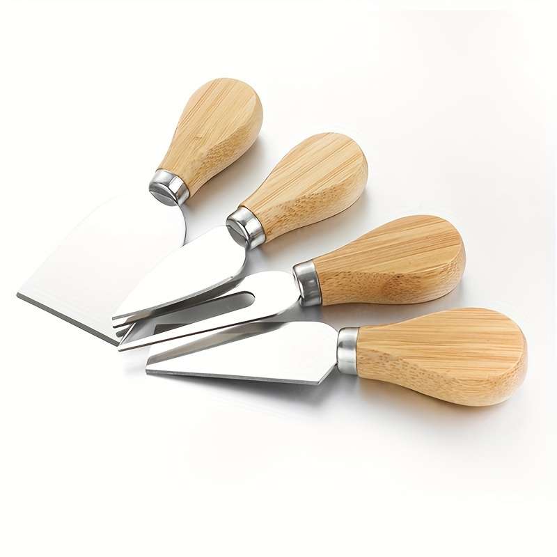4-Piece Oak Cheese Knife Set Stainless Steel Western Food Kitchen Knives for Cooking Baking