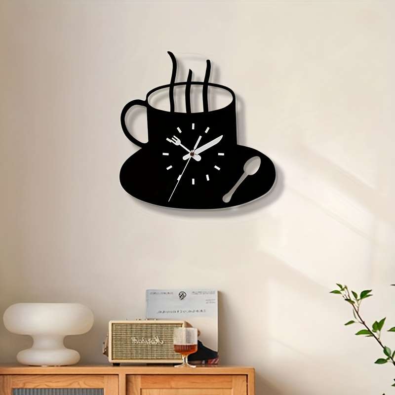 1pc 3D Coffee Cup Wall Clock Modern Silent Acrylic Design Frameless Kitchen Decor Black White