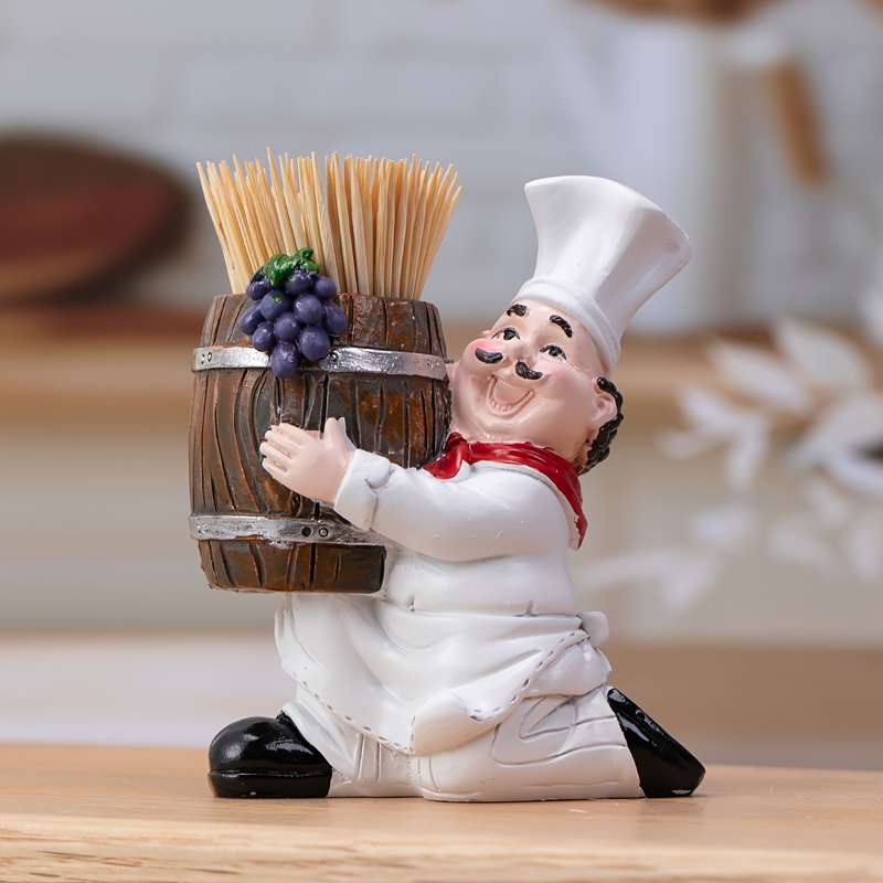 1pc Charming Chef-Themed Toothpick Holder with Wooden Bucket Resin No Power Needed Perfect for