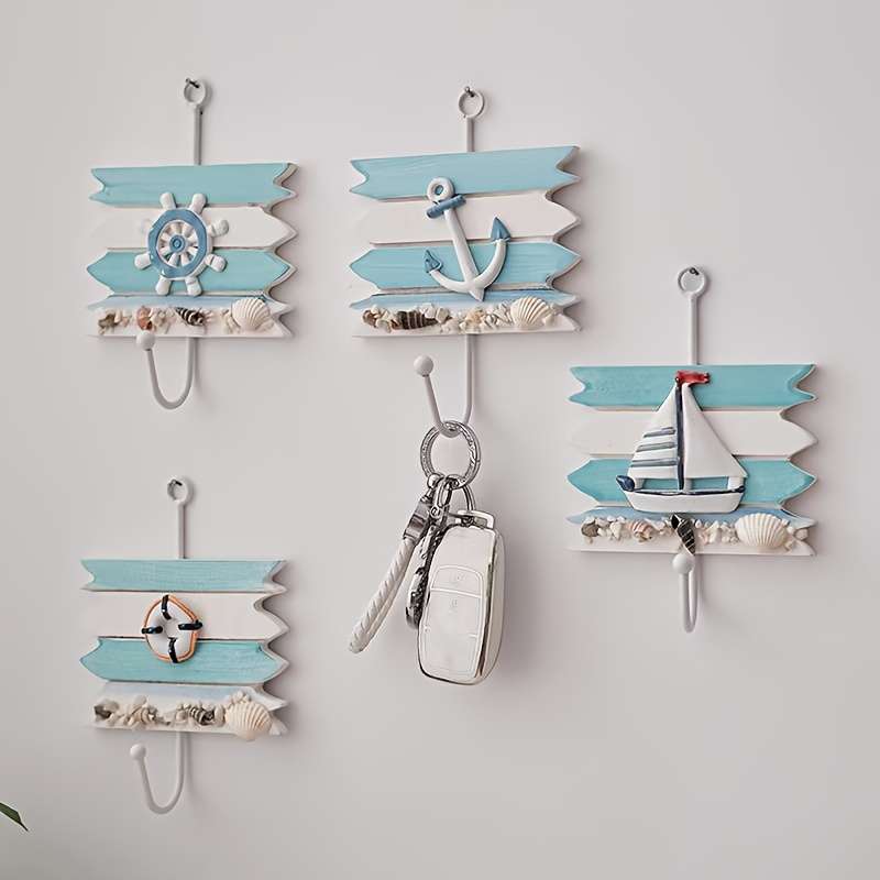 1pc Nautical Wooden Key HookWall Mounted Storage Organizer with Easy InstallMulti-functional H