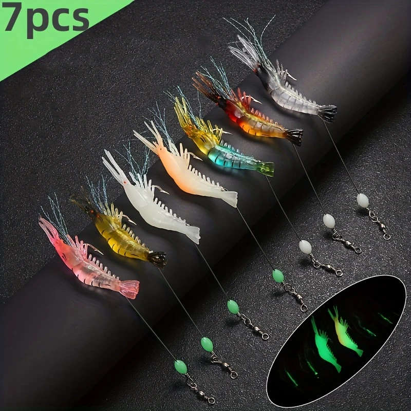 7pcs Luminous Shrimp Soft Lure Glow in the Dark Fishing Lure with Hooks Swivels 8cm 3.15inch  5g
