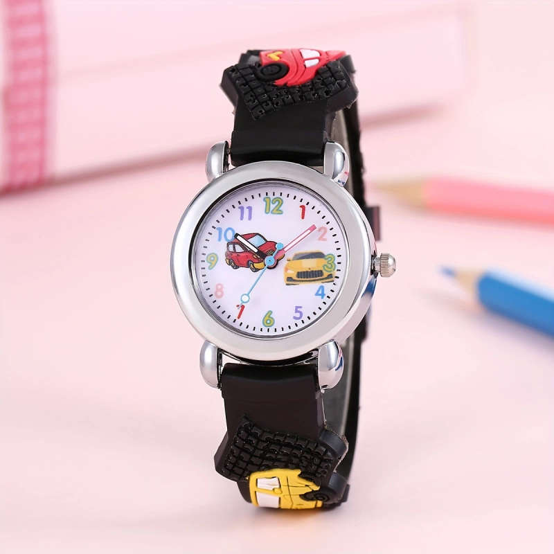 1pc Boys Girls Teen Cute Car Print Round Dial Quartz Watch For Gift Daily Life Color sent randomly