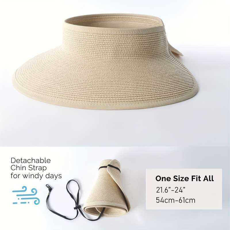 1pc Women'S Wide Brim Straw Sun Visor Hat Packable Foldable Summer Beach Travel Ponytail Hat